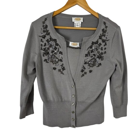 Talbots Grey Silk Blend Beaded Sweater Set Tank & Cardigan Women's SM Petite - Picture 1 of 12